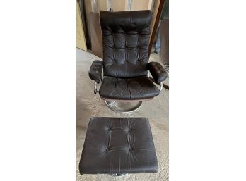 Mid Century Ekornes Style Chrome & Leather Armchair With Ottoman