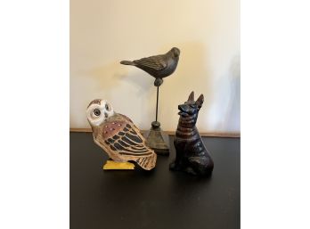 Collection Of Animal Figures - Carved Owl, Bird On Pedestal, German Shepherd Glass Bottle