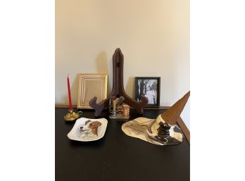 Assorted Table Top Decor - Wood Plate Stand, Chamberstick Holder, Frames