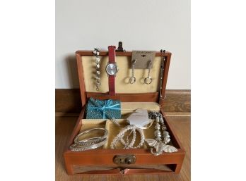 Collection Of Silver & Pearl Themed Jewelry, Watch And Jewelry Box