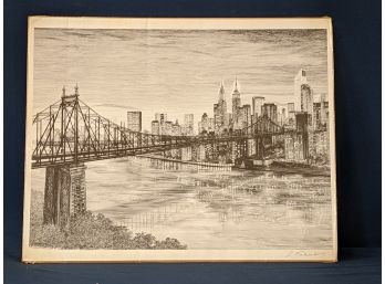 Pencil Signed Sandra Finkenberg New York City Brooklyn Bridge Cityscape Lithograph