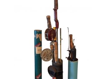 Vintage Lot Of Fly Fishing Poles, Reels, &  Containers