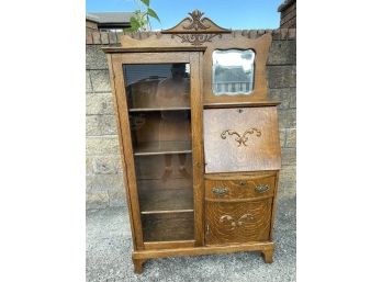 Antique Oak Side By Side Secretary Bookcase With Glass Cabinet Front  And Beveled Mirror
