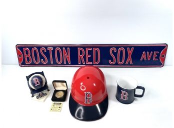 Boston Red Soxs Collectors Metal Sign, Coffee Mug, Hard Hat, Ball, And 24k Gold Overlay City Of Champions Coin