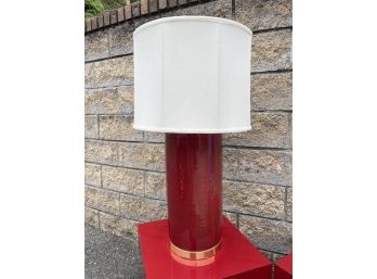 Lamp- Candle Apple Red Ceramic With Golden Accents And White Linen Shade