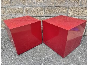 Red Lacquer End Table Cubes On Casters