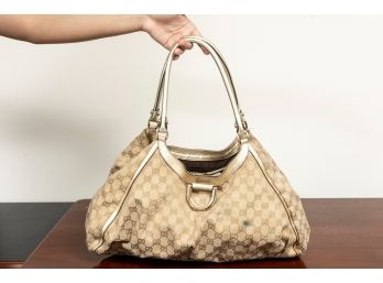 Gucci Beige/Gold GG Canvas & Leather Large D-Ring Shoulder Bag