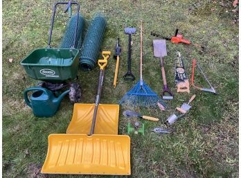 Collection Of Assorted Gardening Tools - Black & Decker Hedge Trimmer, Scotts 2000 Seeder, Shovels And More