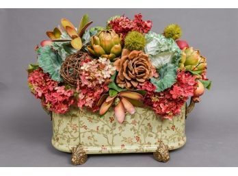 Faux Floral And Fruit Arrangement In Chinese Crackled Planter With Lion Head Feet