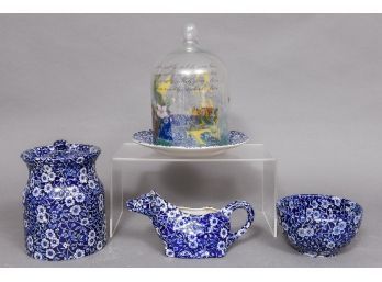 Collection Of Staffordshire Calico Burleigh Blue Cow Creamer, Open Sugar Bowl, Covered Jar And Dome With Plate