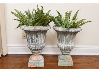 Pair Of Concrete Urn Shaped Planters With Faux Plants