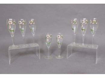 Set Of Eight Perrier-Jouet Hand Painted Champagne Glasses