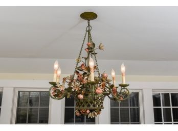 French Rococo Style Six Arm Basket Chandelier With Hand Painted Flowers - UPDATED DESCRIPTION