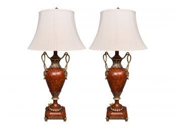 Pair Of Hand Painted Urn Shaped Lamps With Metal Scroll Handles