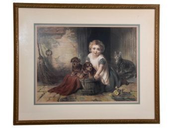 Framed Chromolithograph Girl Bathing Dogs With Cat By J.F. Queen