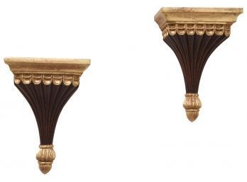 Pair Of Gilt Fluted Wood Wall Accent Shelves