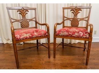 Pair Of Pineapple Wood Arm Chairs With Jungle Upholstered Seat Cushions