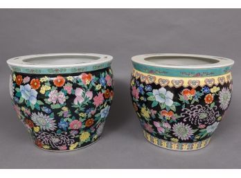 Pair Of Chinese Hand Painted Fishbowl Planters By New England Pottery