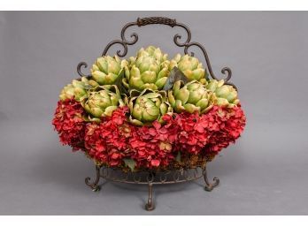 Faux Artichoke And Floral Arrangement In Decorative Metal Basket