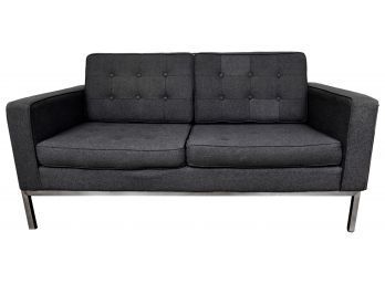 Mid-century Modern Knoll Style Two Cushion Tufted Back Charcoal Gray Sofa With Chrome Frame
