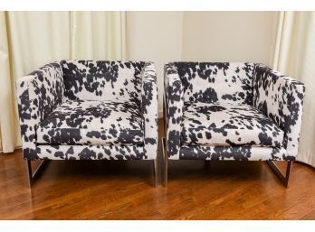 Pair Of Robin Bruce Geneva Cowhide Arm Chairs With Metal Chrome Base