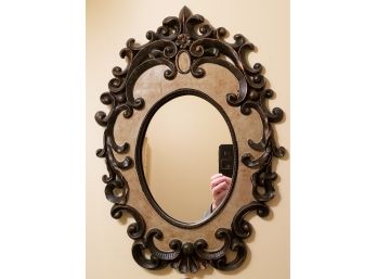 Dark Stained Wood Mirror Ornate Scroll Design