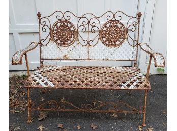 Stylish Vintage Wrought Iron Outdoor Bench With Great Patina