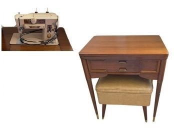 Midcentury Modern Singer Sewing Machine In Cabinet, Model 500a Slant-o-Matic With Sewing Stool