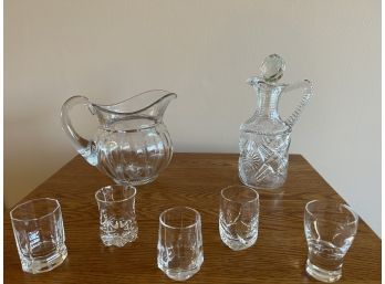 Two Heavy Glass Decanters & Set Of Five Shot Glasses