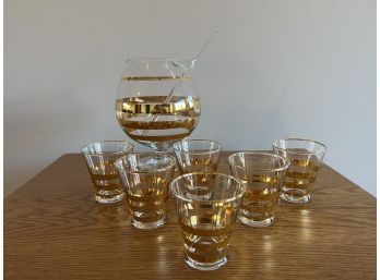 Midcentury Modern Handmade Glass Bar Set With Gilt Stripes