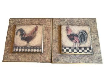 Pair Of Kate Miller-Rostie Folk Art Rooster Print Panels