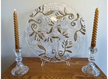 Large Art Glass Charger With Gold Abstract Botanical Pattern & Two Candlesticks