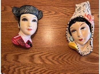 Kitschy Vintage Italian Chalkware Wall Decorations, Young Couple's Faces