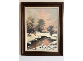 Norma McDaniel (American, 1921-2008) Oil On Canvas Vintage Snow Scene Landscape Painting By Connecticut Artist