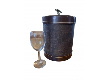 Vintage Ice Bucket - Cork Look Exterior With Leather Trim, Brass Eagle Handle, Ceramic Interior