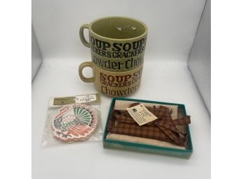 Cozy Holiday Set - 2 Ceramic Soup Mugs, Turkey Coasters, And Scented Tea Towel