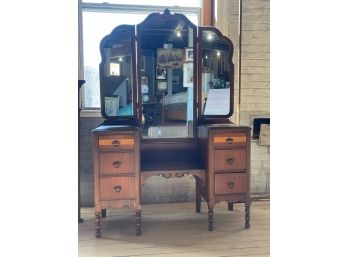 Vintage Vanity With Attached Trifold Mirror