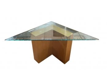 Modern Triangular Glass Top Accent Table With Wooden Base