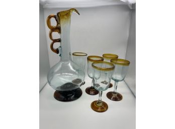 1970s Custom Handblown Pitcher And Five Glasses With Amber Accent And Unique Handle