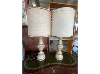 Vintage Farmhouse Ceramic Base Lamps With Drum Shades, Pair Of 2