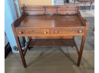 Antique Oak Writer's Desk With Original Glass Inkwell, 2 Drawers