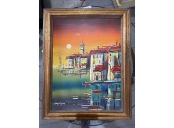 Original Painting, Evening Seaport Scene - Artist Unknown