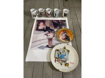 Norman Rockwell Appreciation Lot - 1 Print, 2 Plates, 5 Cups / Mugs  - 8 Pieces Total!