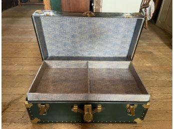 Vintage Emerald Green Steamer Trunk With Leather Handles And Intact Interior