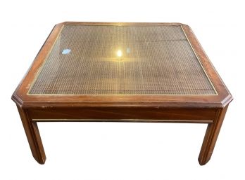 Large Glass Top Coffee Table With Decorative Interior Caning