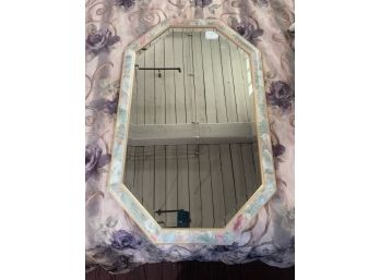 90s Geometric Frame Beveled Edge Mirror, With Unique Floral Hand Painted Details