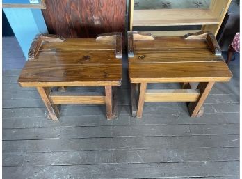 Vintage Rustic Wood Framed End Tables, Pair Of 2