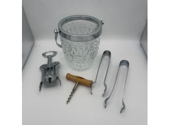 Vintage Pressed Glass Ice Bucket With Bar Tools - 5 Piece
