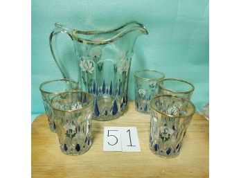 Pretty 6 Piece Lot - Heisey Glass Pitcher And 5 Glasses - Peerless Colonial