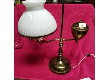 Vtg Brass Student Lamp With White Ribbed White Glass 8' Lobe